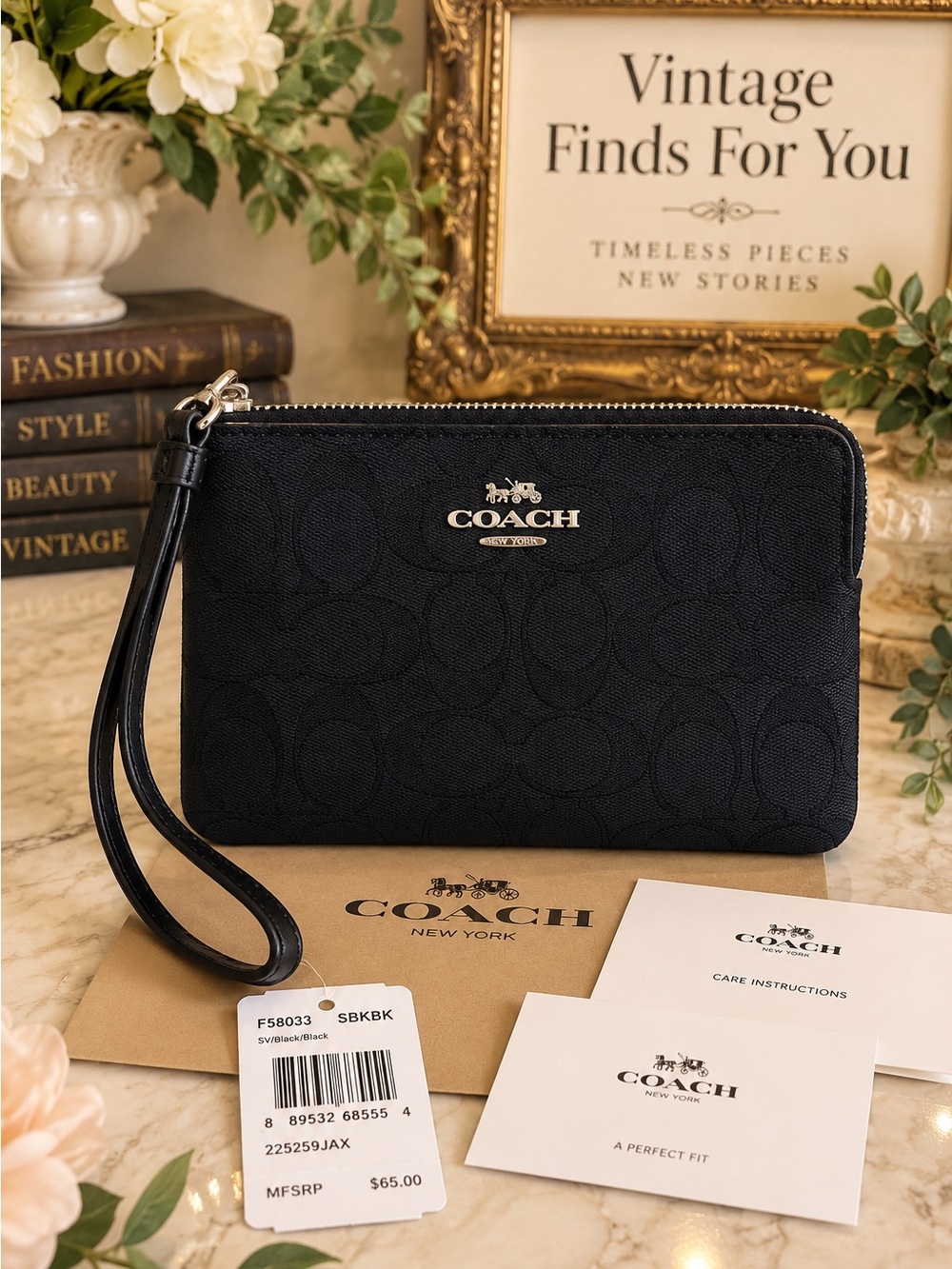 Coach Black Signature Wristlet Card Holder with Silver Logo NWT